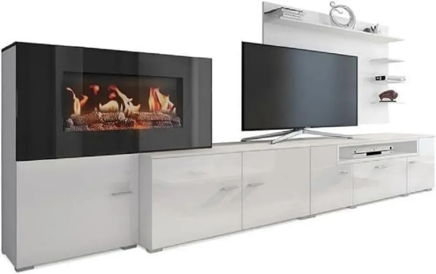 Skraut Home: Modernes Wohnzimmermöbel mit Elektro-Kamin, 170 x 290 x 45 cm, LED-Flammeneffekt, Olympo Modell, Weiß