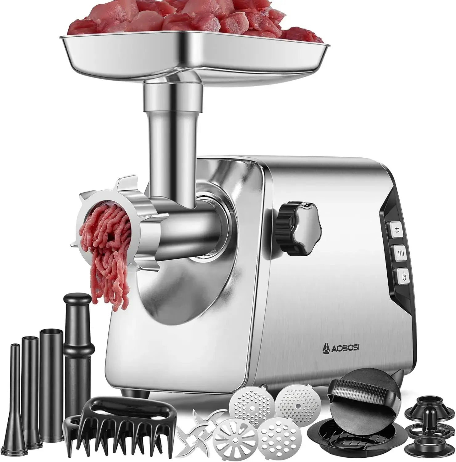 Elektrischer Fleischwolf AAOBOSI #12, 3 Geschwindigkeiten, 2 Klingen, 4 Schneidplatten, Wurstfüllaufsätze, Kibbe-Kit und Burgerpresse, robust und vielseitig, Silber