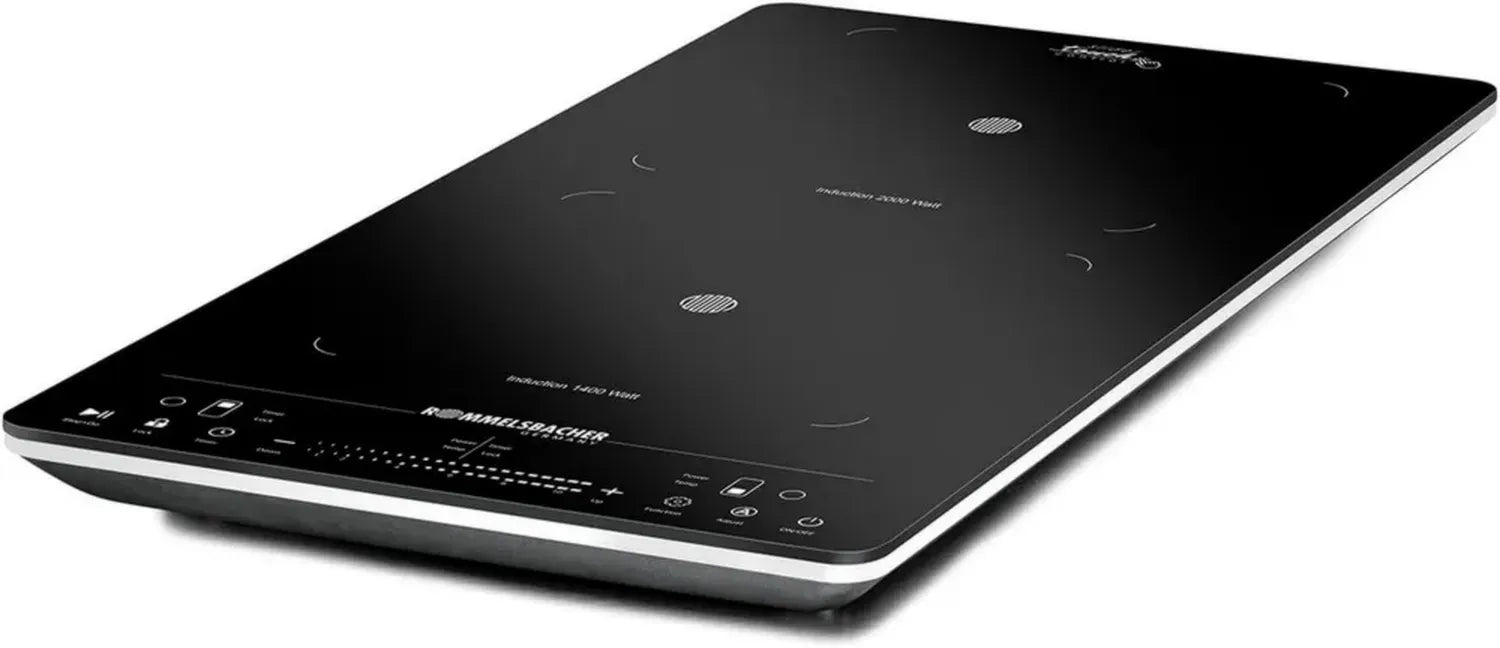 ROMMELSBACHER Induktionskochplatte mit Doppelzone, kompakt, 10 Leistungs- und Temperaturstufen, Timer, Touch-Steuerung