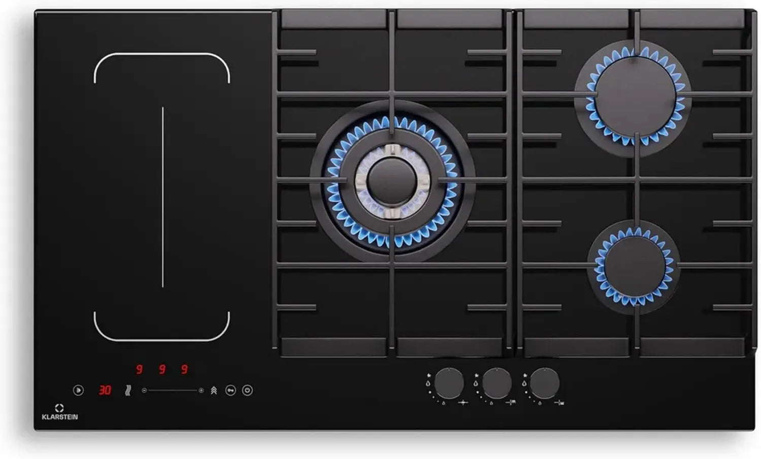 Klarstein MultiChef 5-Zonen Induktions- und Gaskochfeld, Flexzone, 10,6 kW, Touch-Bedienung, Timer-Funktion, Gusseisen, Schwarz, 87,5 cm