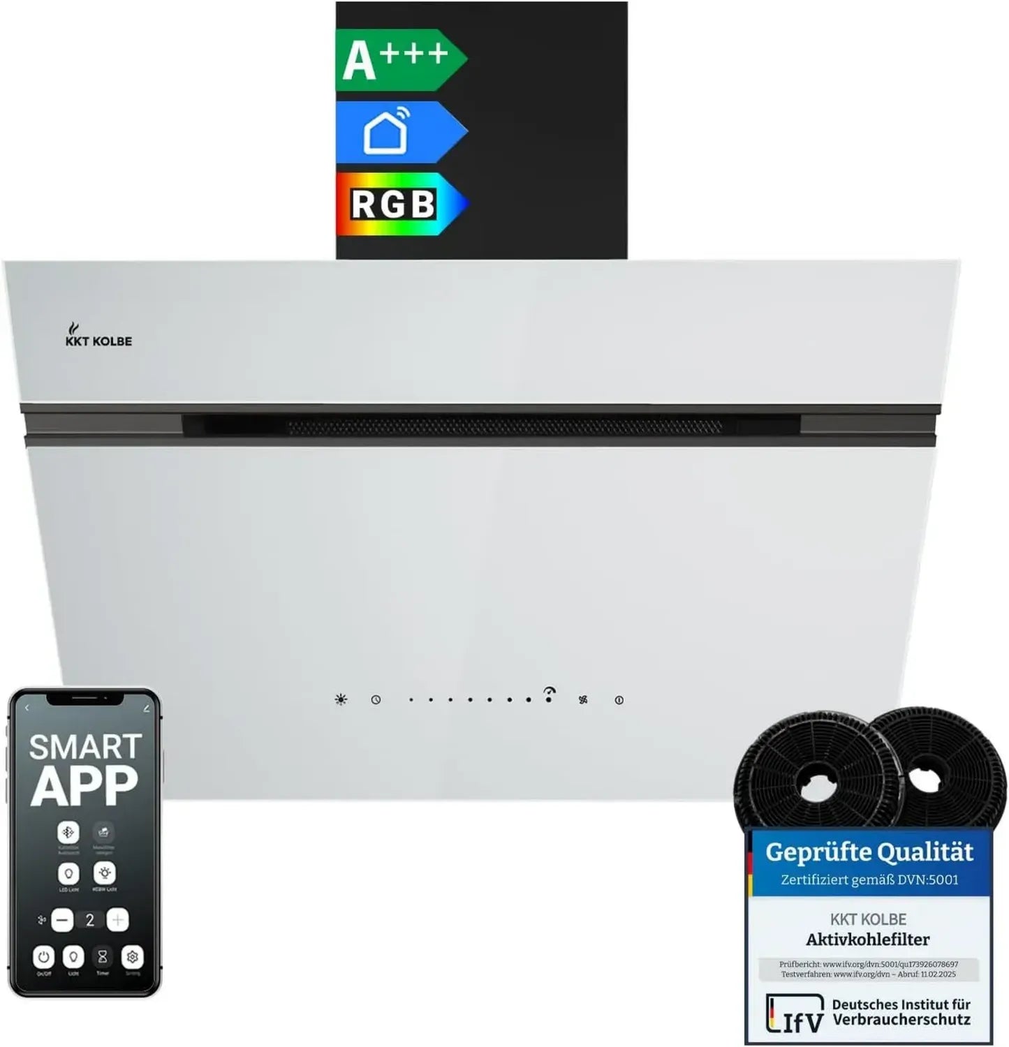 Kolbe AURORA Dunstabzugshaube 60 cm A+++ WiFi Steuerung, Umluft & Abluft, Schwarz-Weiß Glasdesign