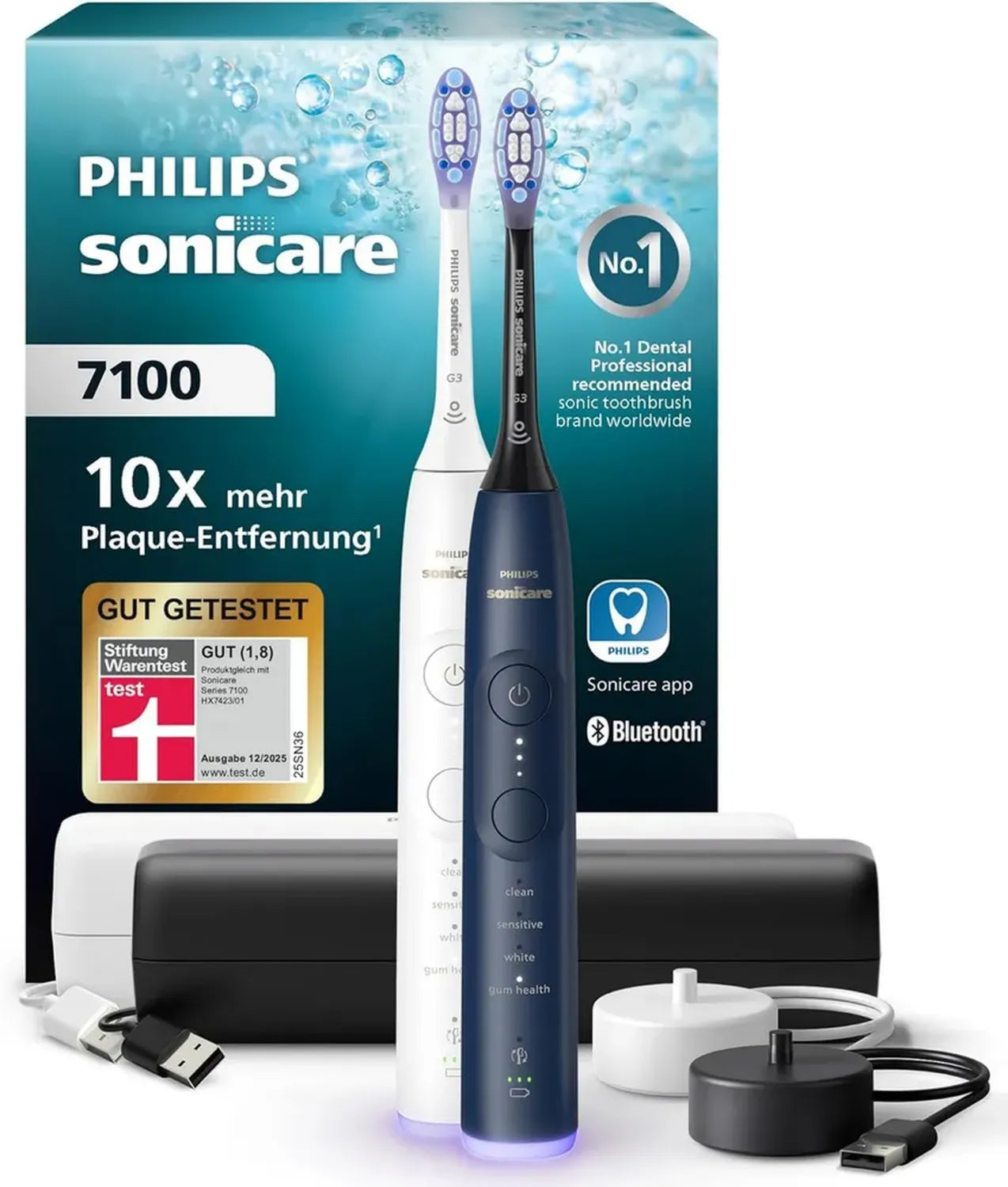Philips Sonicare 7100 Elektrische Schallzahnbürste mit App-Unterstützung, 4 Modi, 3 Intensitäten, Druckkontrolle, EasyStart, Weiß/Marineblau, 2er Set, Modell HX7429/01