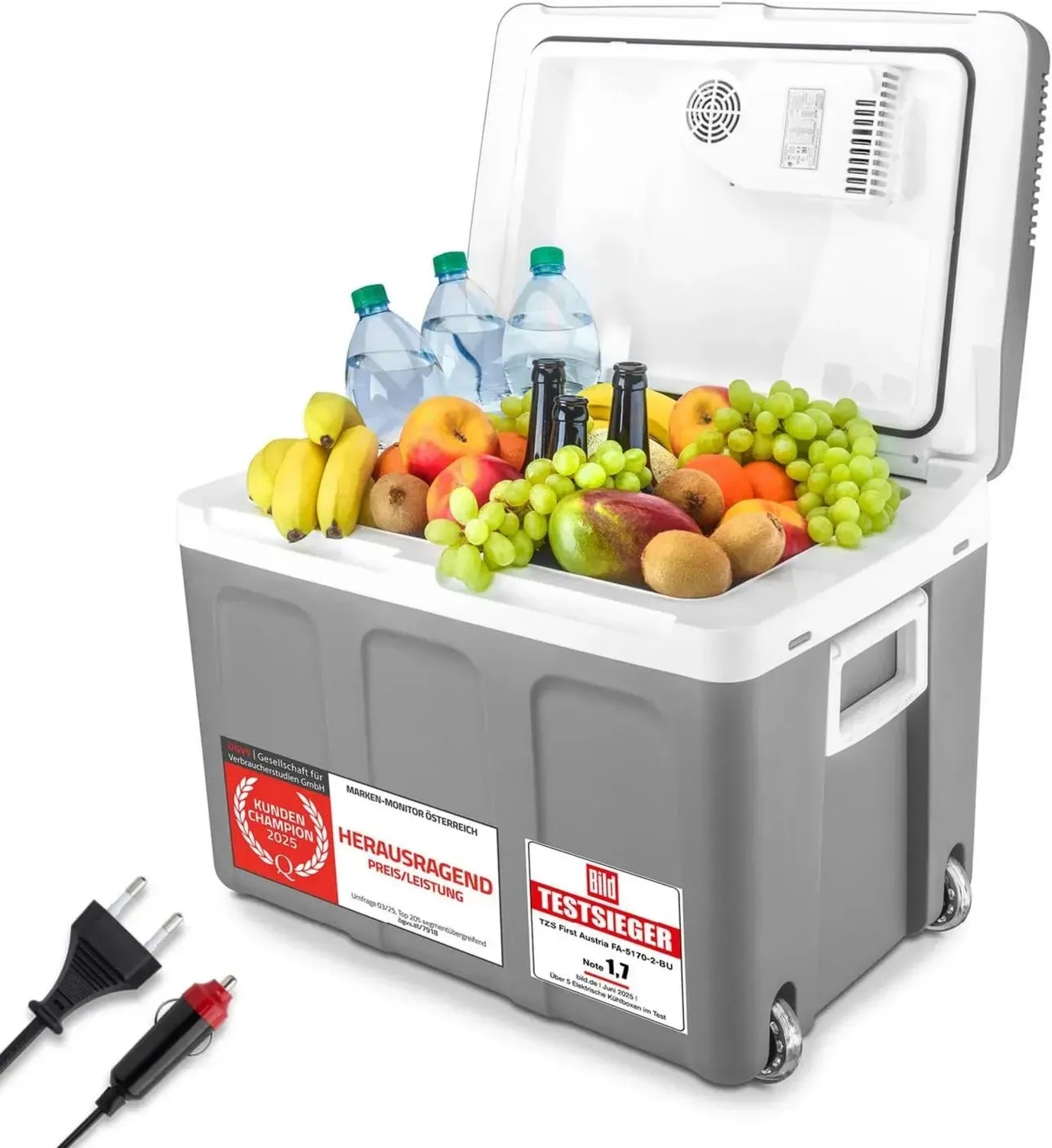 Elektrische Kühlbox 45L mit 12V/230V Anschlüssen - Thermoelektrischer Mini-Kühlschrank auf Rollen für Auto, Camping und Reisen - Grau