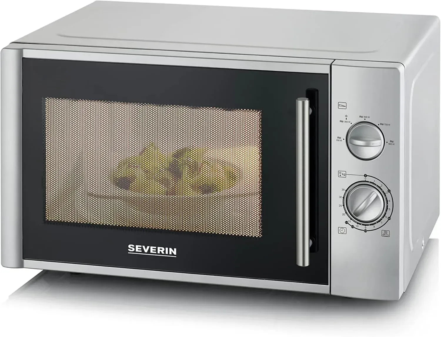 SEVERIN 28 L Mikrowelle, leistungsstarke Auftau- und Aufwärmfunktion, gleichmäßige Wärmeverteilung mit Drehteller, 900 W, Silber, Modell MW 7772